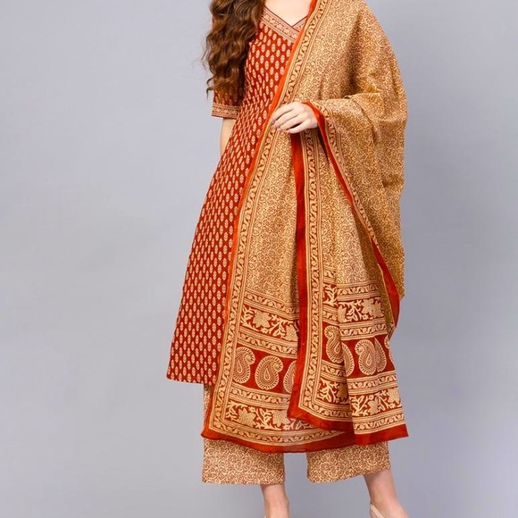 Indo Era Other - Indo Era Maroon & Beige Printed Anghrakha Kurta with Plazzos & Dupatta